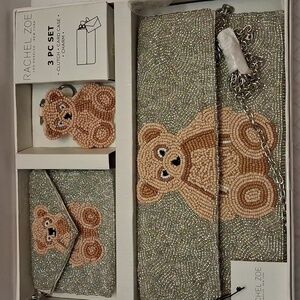 Rachel Zoe Silver and Tan Beaded Teddy Bear Clutch Set.